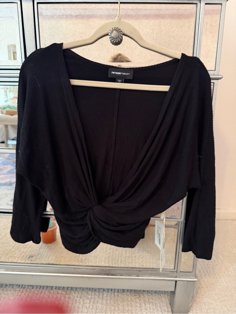 Fifteen Twenty Black Ribbed Knot Front Top